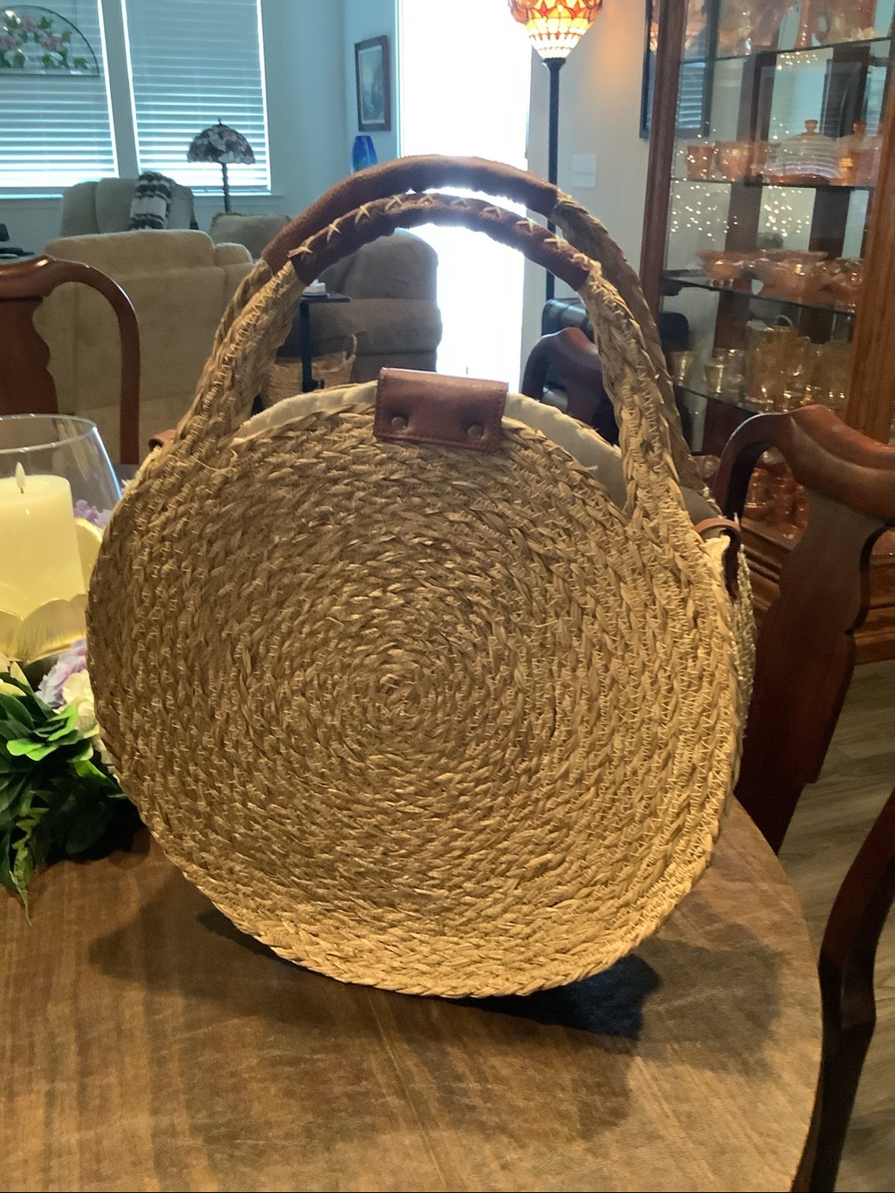 Woven Round Straw Tote Bag with Brown Leather Trim crossbody strap - Picture 2 of 4